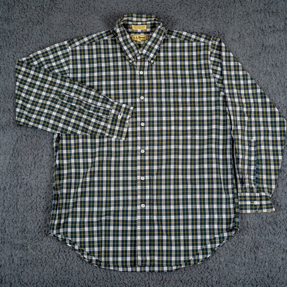 Vintage L.L. Bean Shirt Mens 16.5 Green Plaid Long Sleeve Button‎ Down
